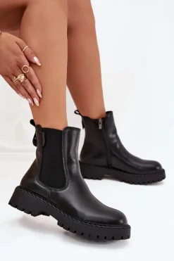 Skórzane Botki Sztyblety Damskie Ocieplane Na Zamek Big Star OO274109 Czarne