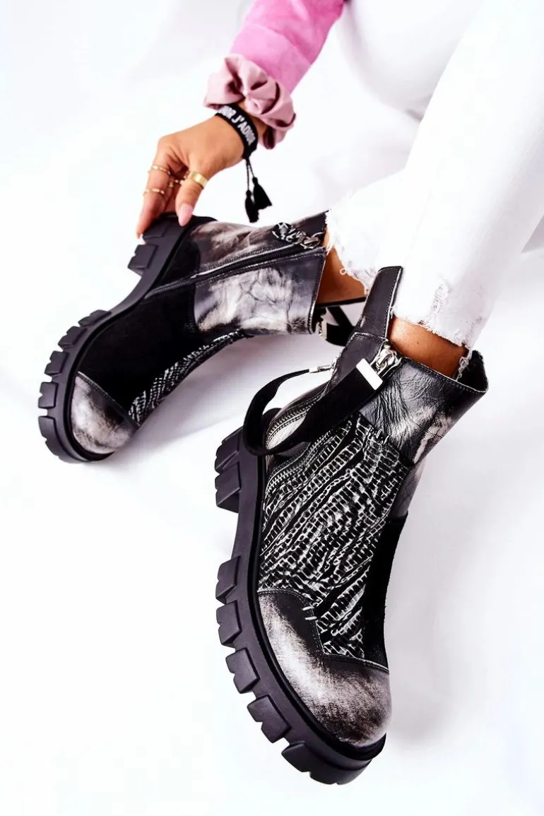 Skórzane Botki Sztyblety Maciejka Czarno-Białe 05137-21