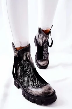 Skórzane Botki Sztyblety Maciejka Czarno-Białe 05137-21