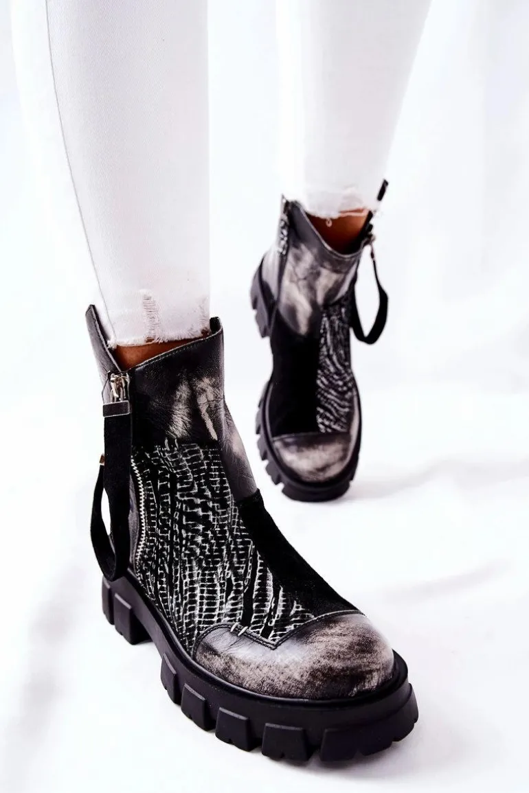 Skórzane Botki Sztyblety Maciejka Czarno-Białe 05137-21