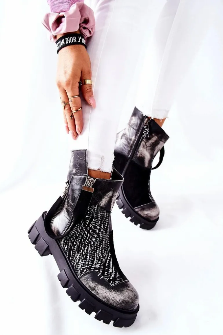 Skórzane Botki Sztyblety Maciejka Czarno-Białe 05137-21