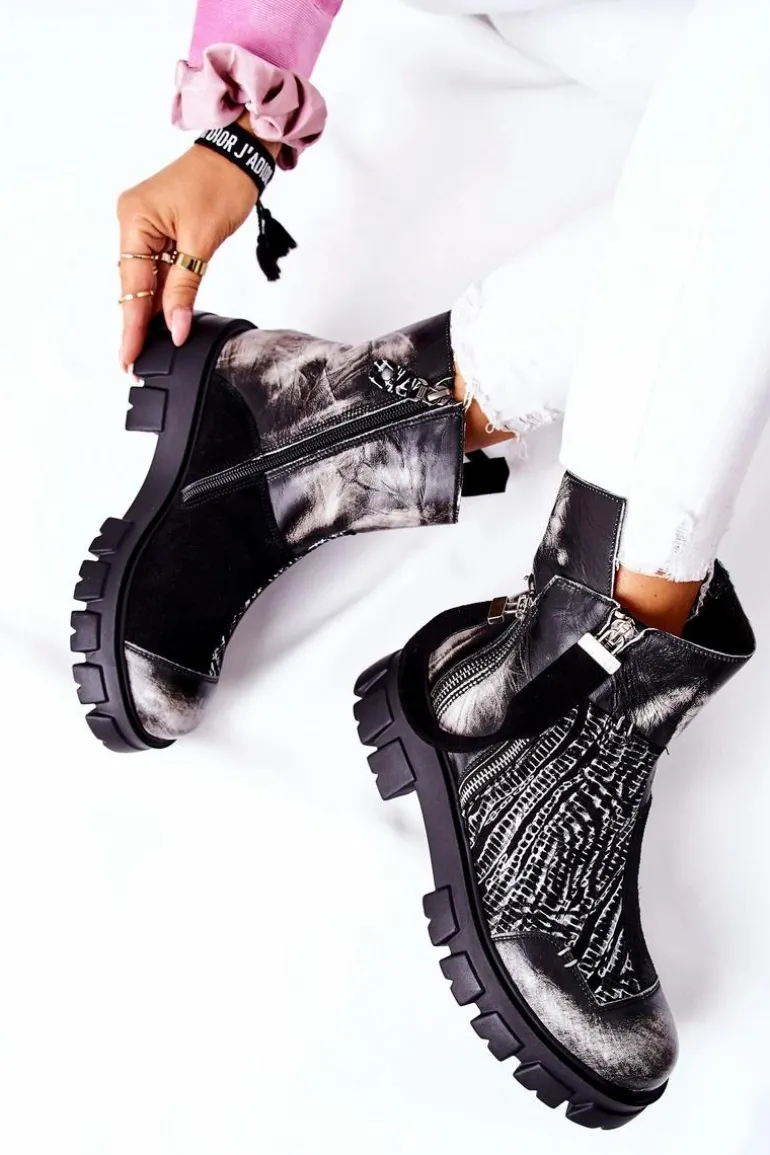 Skórzane Botki Sztyblety Maciejka Czarno-Białe 05137-21