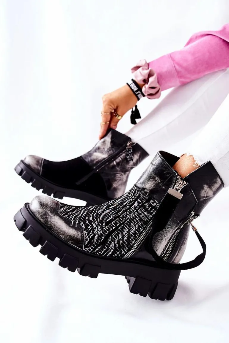 Skórzane Botki Sztyblety Maciejka Czarno-Białe 05137-21