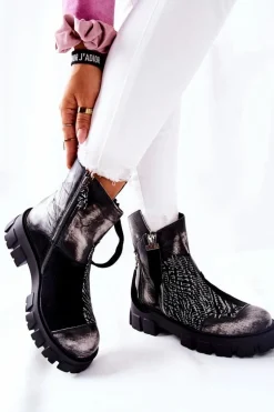 Skórzane Botki Sztyblety Maciejka Czarno-Białe 05137-21