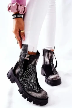 Skórzane Botki Sztyblety Maciejka Czarno-Białe 05137-21