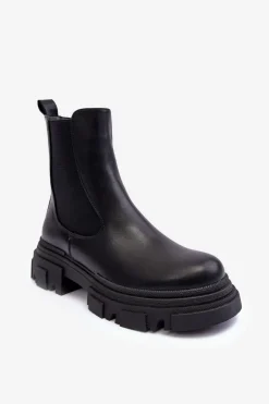 Skórzane Botki Sztyblety Na Płaskim Obcasie i Platformie Czarne Solita