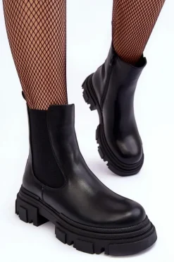Skórzane Botki Sztyblety Na Płaskim Obcasie i Platformie Czarne Solita