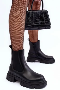 Skórzane Botki Sztyblety Na Płaskim Obcasie i Platformie Czarne Solita