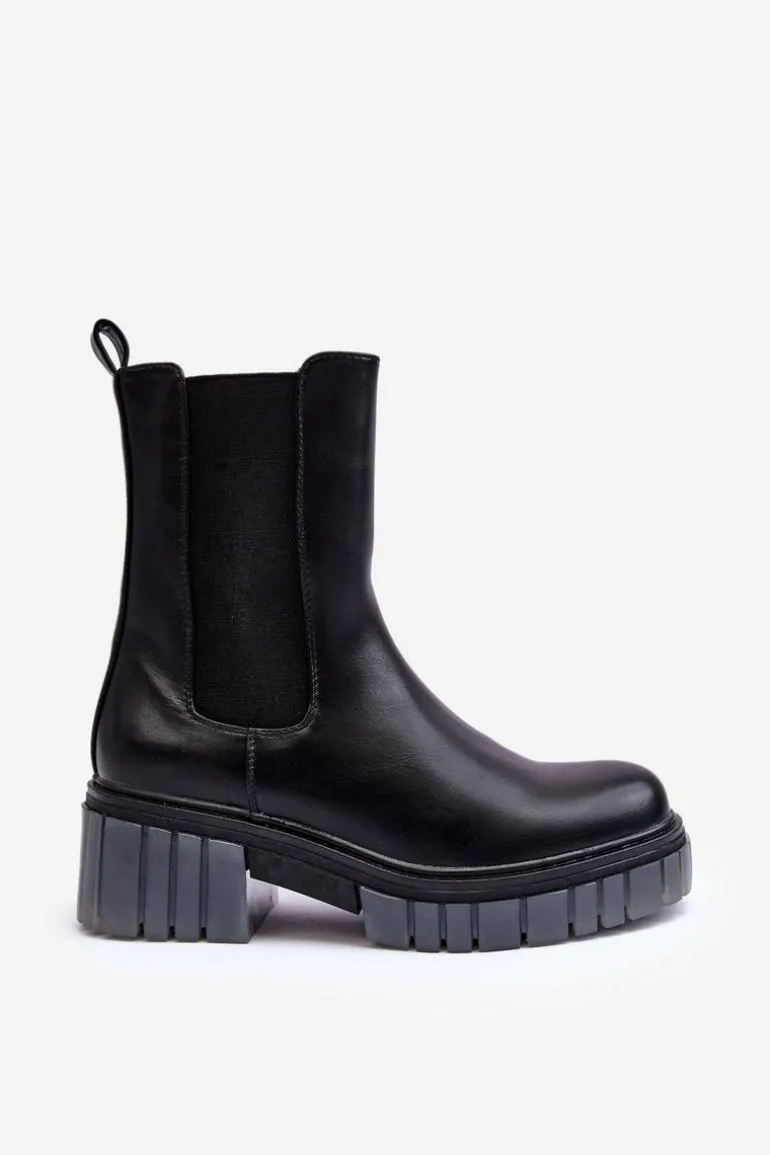 Skórzane Botki Sztyblety Na Grubej Podeszwie Czarne Apetrius