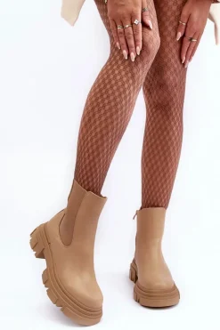 Skórzane Botki Sztyblety Na Płaskim Obcasie i Platformie Beżowe Solita