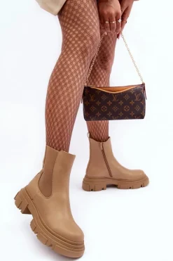 Skórzane Botki Sztyblety Na Płaskim Obcasie i Platformie Beżowe Solita