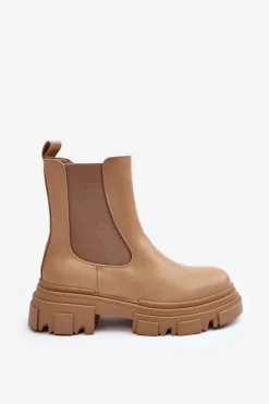 Skórzane Botki Sztyblety Na Płaskim Obcasie i Platformie Beżowe Solita