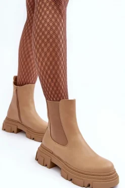 Skórzane Botki Sztyblety Na Płaskim Obcasie i Platformie Beżowe Solita