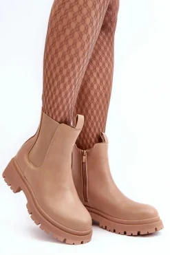 Skórzane Botki Sztyblety Na Suwak Ciemnobeżowe Pitrese