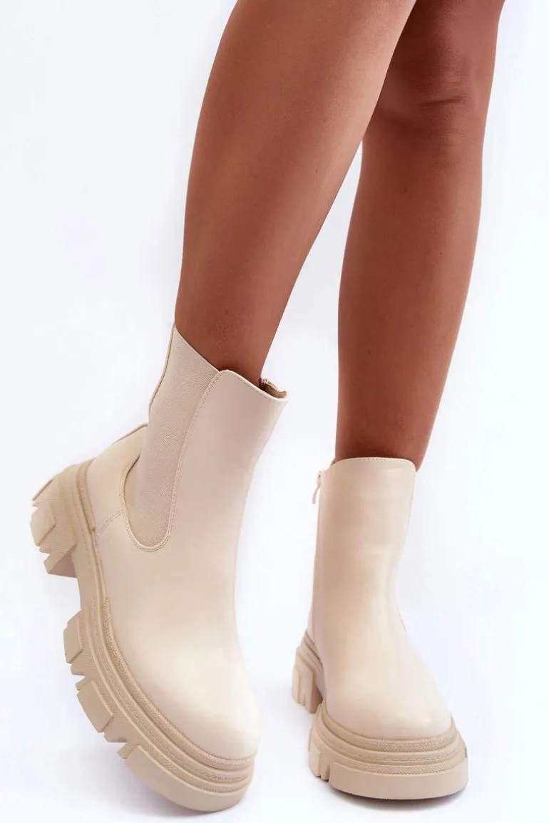 Skórzane Botki Sztyblety Na Płaskim Obcasie i Platformie Jasnobeżowe Solita