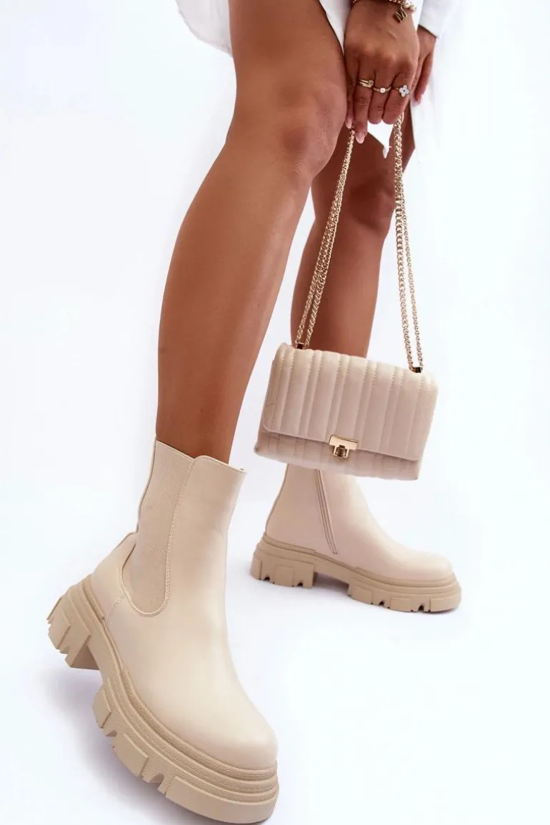 Skórzane Botki Sztyblety Na Płaskim Obcasie i Platformie Jasnobeżowe Solita