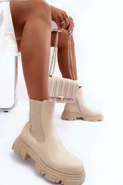 Skórzane Botki Sztyblety Na Płaskim Obcasie i Platformie Jasnobeżowe Solita