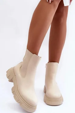 Skórzane Botki Sztyblety Na Płaskim Obcasie i Platformie Jasnobeżowe Solita