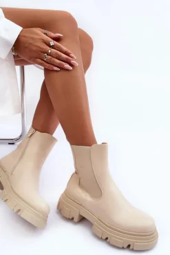 Skórzane Botki Sztyblety Na Płaskim Obcasie i Platformie Jasnobeżowe Solita