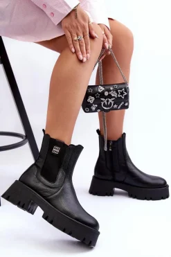 Skórzane Botki Sztyblety Na Masywnej Platformie Czarne Lemar Lisencca