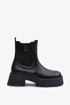 Skórzane Botki Sztyblety Na Masywnej Platformie Czarne Lemar Lisencca