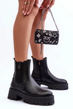 Skórzane Botki Sztyblety Na Masywnej Platformie Czarne Lemar Lisencca