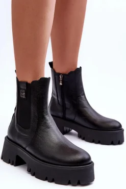 Skórzane Botki Sztyblety Na Masywnej Platformie Czarne Lemar Lisencca