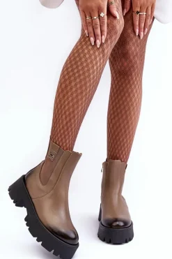 Skórzane Botki Sztyblety Na Masywnej Platformie Beżowe Lemar Lisencca