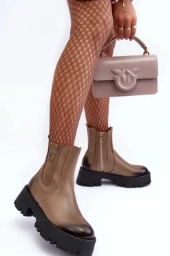 Skórzane Botki Sztyblety Na Masywnej Platformie Beżowe Lemar Lisencca