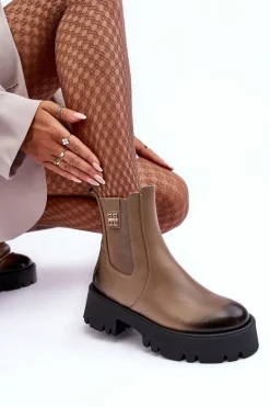 Skórzane Botki Sztyblety Na Masywnej Platformie Beżowe Lemar Lisencca