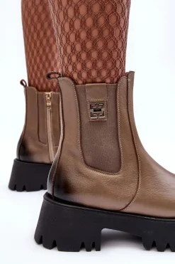 Skórzane Botki Sztyblety Na Masywnej Platformie Beżowe Lemar Lisencca