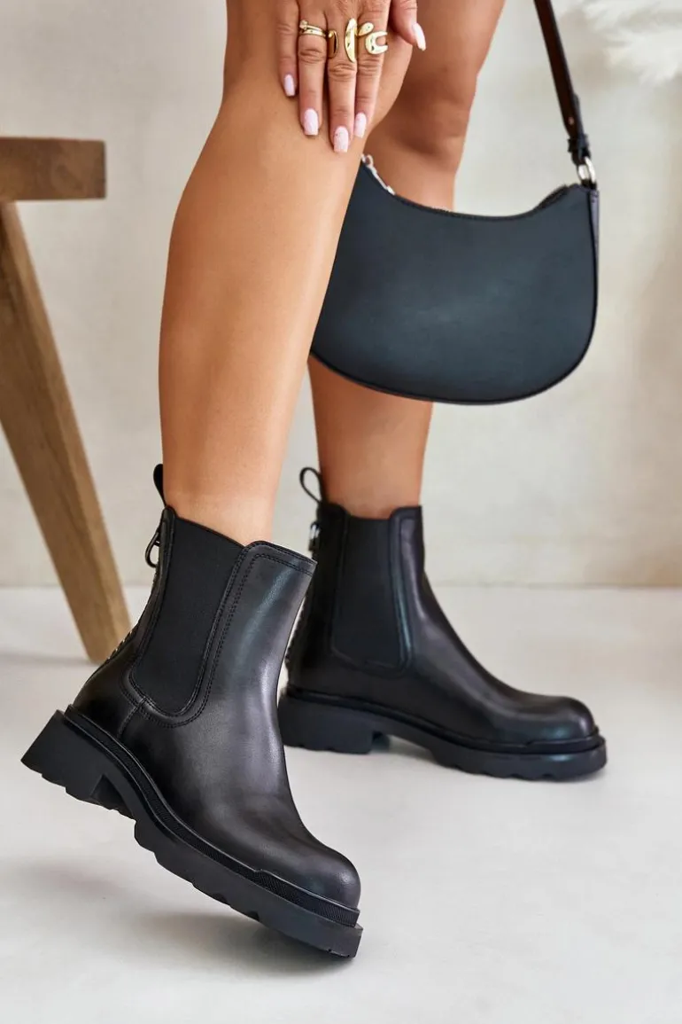 Skórzane Botki Sztyblety Z Ozdobnym Łańcuchem Ocieplane D&A JC42-86 Czarne