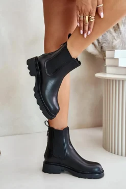 Skórzane Botki Sztyblety Z Ozdobnym Łańcuchem Ocieplane D&A JC42-86 Czarne