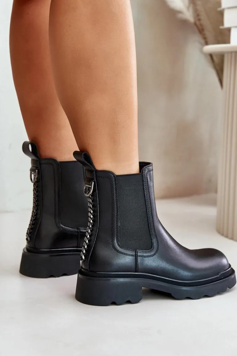 Skórzane Botki Sztyblety Z Ozdobnym Łańcuchem Ocieplane D&A JC42-86 Czarne