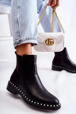 Skórzane Botki Sztyblety Z Perełkami Czarne Jilanna