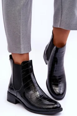 Skórzane Botki Sztyblety Zwierzęcy Wzór Czarne Daina