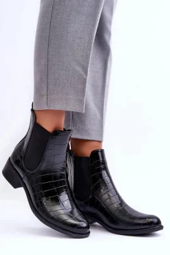 Skórzane Botki Sztyblety Zwierzęcy Wzór Czarne Daina