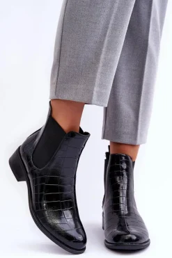 Skórzane Botki Sztyblety Zwierzęcy Wzór Czarne Daina