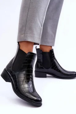 Skórzane Botki Sztyblety Zwierzęcy Wzór Czarne Daina