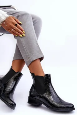 Skórzane Botki Sztyblety Zwierzęcy Wzór Czarne Daina