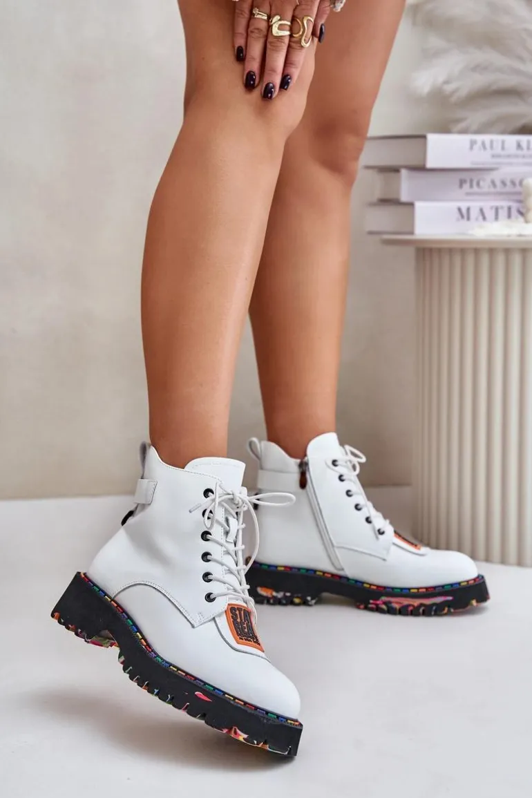 Skórzane Botki Trapery Damskie Na Zamek Artiker 55C0515 Białe