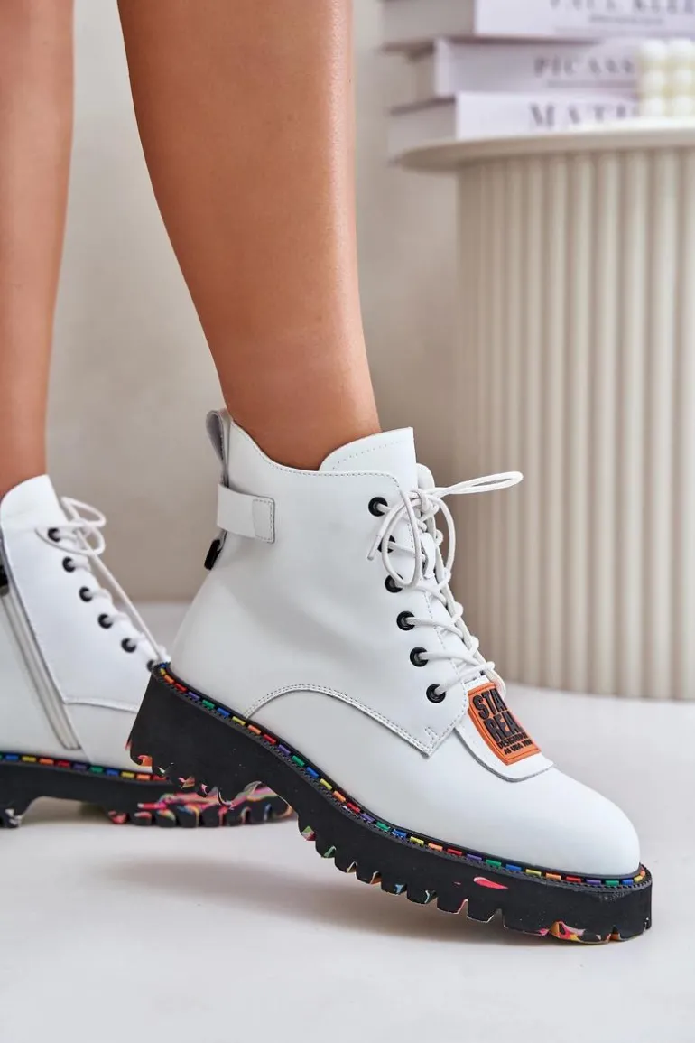 Skórzane Botki Trapery Damskie Na Zamek Artiker 55C0515 Białe