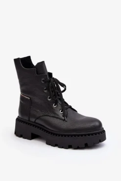 Skórzane Botki Trapery Damskie Na Suwak Zazoo 949P Czarne