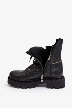 Skórzane Botki Trapery Damskie Na Suwak Zazoo 949P Czarne