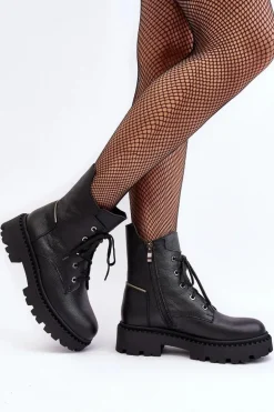 Skórzane Botki Trapery Damskie Na Suwak Zazoo 949P Czarne