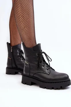 Skórzane Botki Trapery Damskie Na Suwak Zazoo 949P Czarne