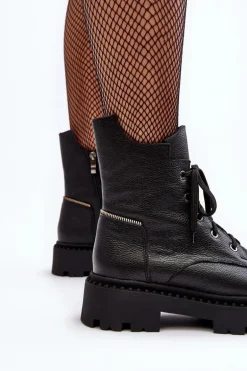 Skórzane Botki Trapery Damskie Na Suwak Zazoo 949P Czarne