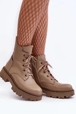 Skórzane Botki Trapery Damskie Na Suwak Zazoo 949P Ciemnobeżowe