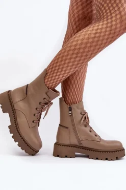 Skórzane Botki Trapery Damskie Na Suwak Zazoo 949P Ciemnobeżowe