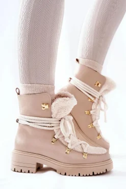 Skórzane Botki Trapery Wiązane Lewski Jasnobeżowe 3116